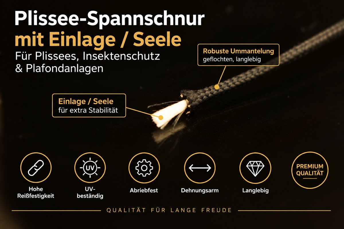 Nahaufnahme einer Plissee-Spannschnur mit freigelegter heller Seele und schwarzer geflochtener Ummantelung