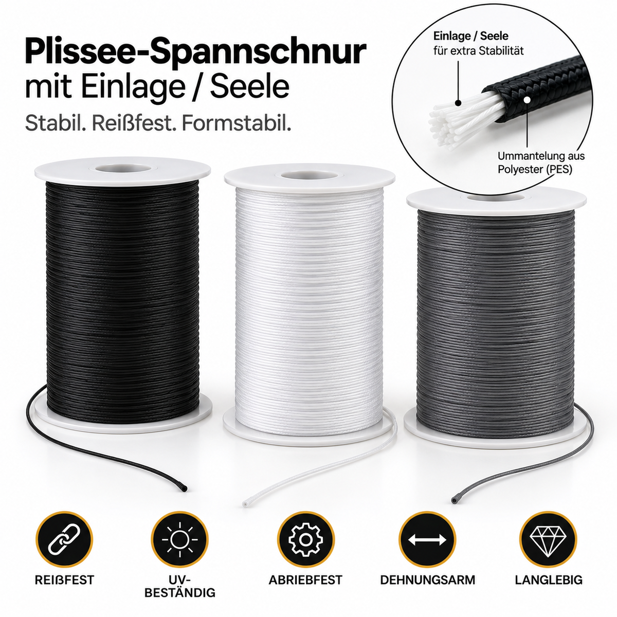 Plissee-Spannschnur mit Seele in Schwarz, Weiß und Anthrazit; Detailansicht der Einlage und PES-Ummantelung